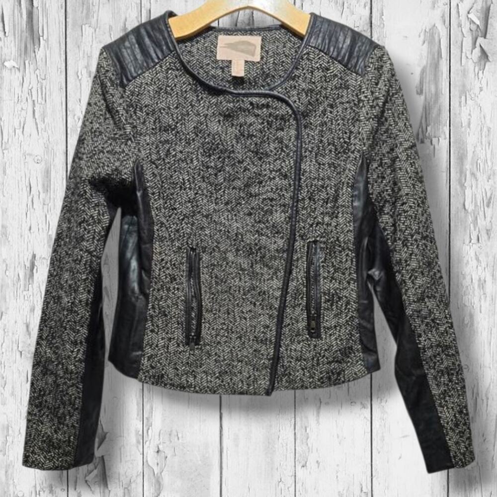 Forever 21 Contemporary women's Herringbone Faux Leather Trim Moto Jacket